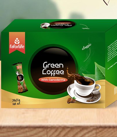 A cup of Faforlife Green Coffee, a natural weight loss and detox coffee made from unroasted green coffee beans, packed with antioxidants and metabolism-boosting benefits.
